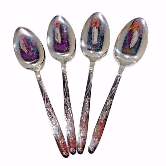 Set 4 Large Spoons Imperial Int'l Stainless Ivy Pattern Japan Cutlers Guild Ltd - Picture 1 of 7